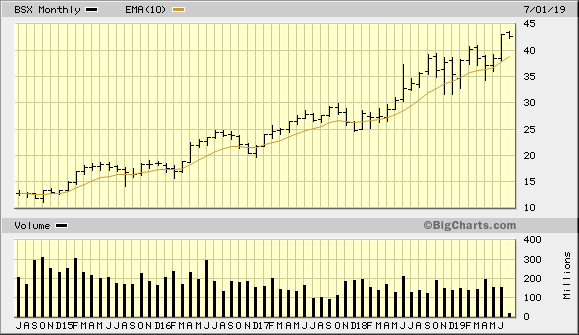 BSX 5 Year Monthly from BigCharts 2019-07-07